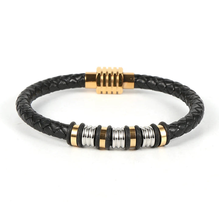 Pulseira de Couro Masculina Com Aço Inoxidável Loja Charmme Couro Preto Com Metal Dourado 22cm 