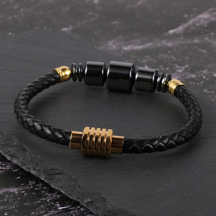 Pulseira de Couro Masculina Com Hematita Colunas Loja Charmme 