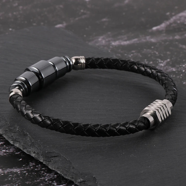 Pulseira de Couro Masculina Com Hematita Colunas Loja Charmme 