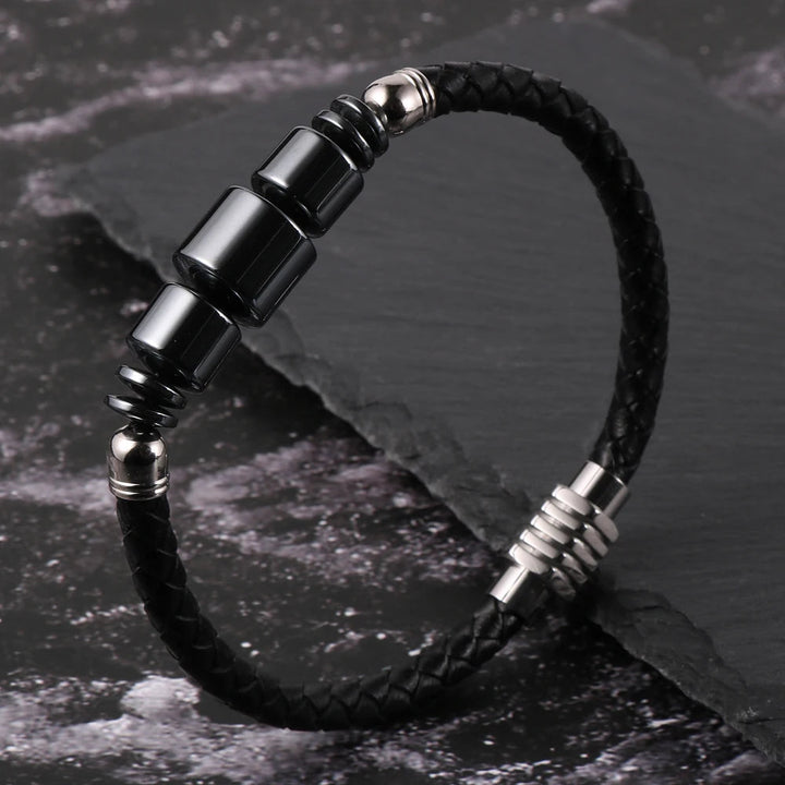 Pulseira de Couro Masculina Com Hematita Colunas Loja Charmme 