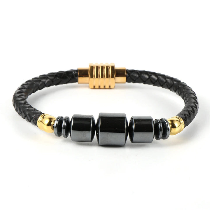 Pulseira de Couro Masculina Com Hematita Colunas Loja Charmme Couro Preto Com Metal Dourado 18cm 