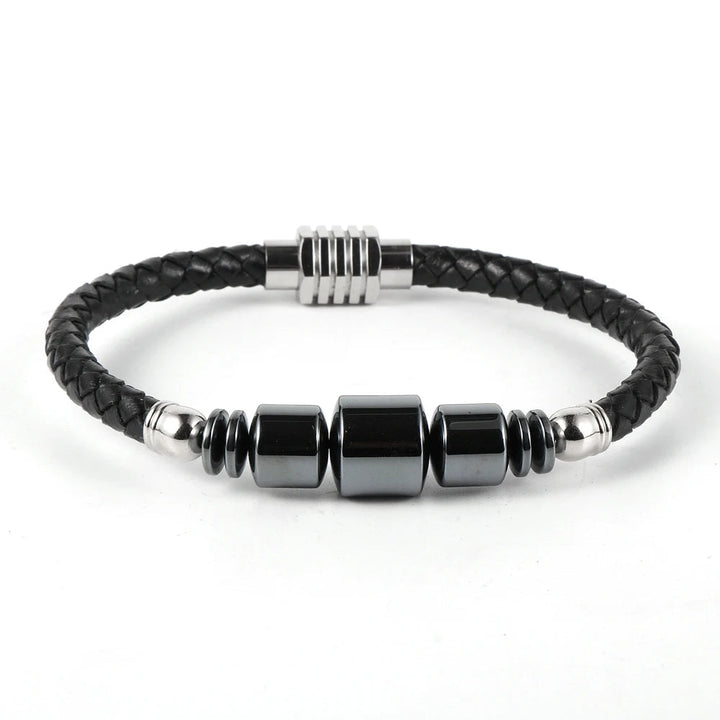 Pulseira de Couro Masculina Com Hematita Colunas Loja Charmme Couro Preto Com Metal Prata 18cm 