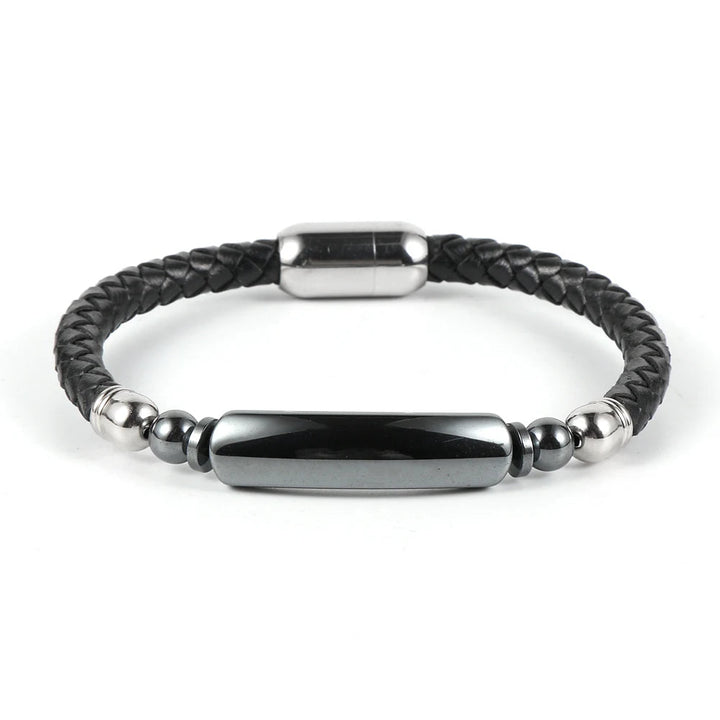 Pulseira de Couro Masculina Com Hematita Loja Charmme Couro Preto Com Metal Prata 20cm 