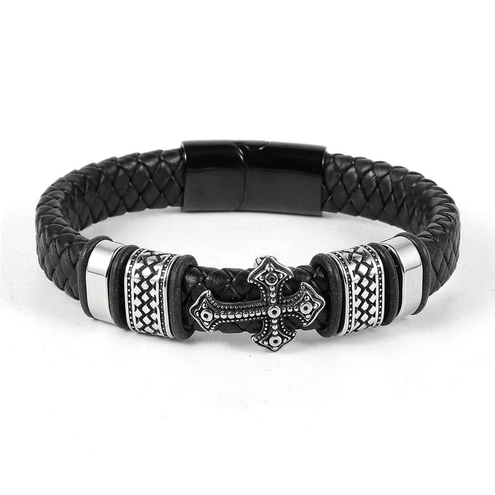 Pulseira de Couro Masculina Cruz Vintage Loja Charmme Couro Marrom Com Metal Preto 22cm 
