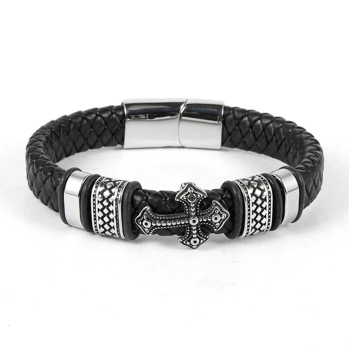 Pulseira de Couro Masculina Cruz Vintage Loja Charmme Couro Preto Com Metal Prata 22cm 