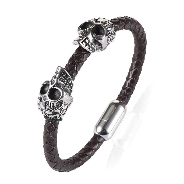 Pulseira de Couro Masculina Marrom Vintage Crânio - LC111 Prod236 Loja Charmme Couro Marrom Com Fecho Prata 22cm 