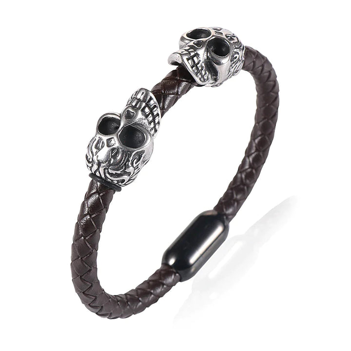 Pulseira de Couro Masculina Marrom Vintage Crânio - LC111 Prod236 Loja Charmme Couro Marrom Com Fecho Preto 22cm 