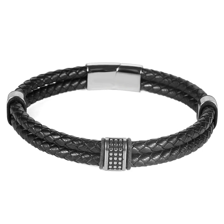 Pulseira de Couro Masculina Preta Com Aço Inoxidável - LC107 Prod239 Loja Charmme 22cm 